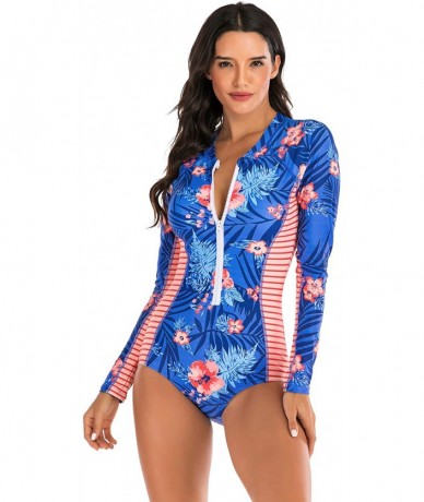 Racing Womens Athletic Training Swimsuit Long Sleeve Rashguard - Blue / Red - CM193TN9U8Q $43.42