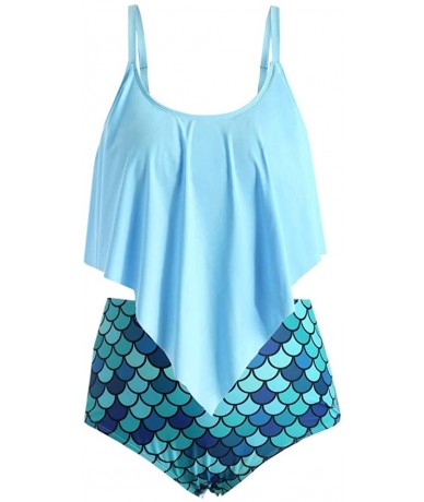 Sets Women Bathing Suits d Flounce Top With Bottom Bikini Set - Blue - C218TW520L8 $39.38