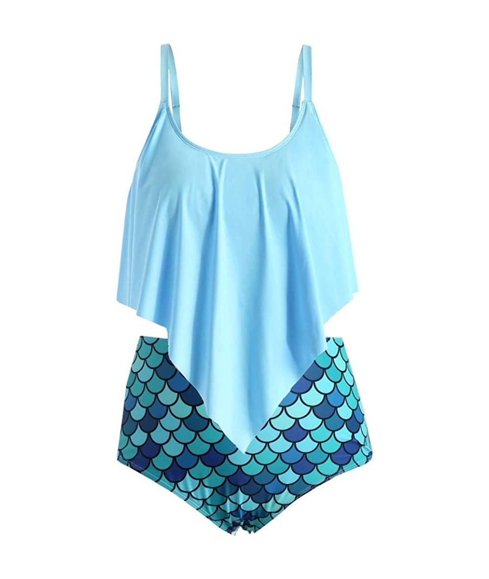 Sets Women Bathing Suits d Flounce Top With Bottom Bikini Set - Blue - C218TW520L8 $39.38