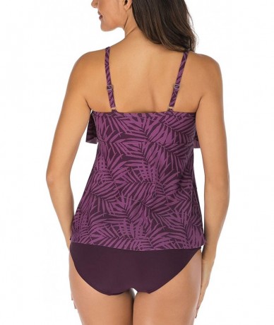 Sets Women's V-Neck Two Piece Swimsuits Tiered Ruffle Tankini Top with Brief Swimwear Bathing Suits - Purple Leaf - CB18UDMK5...