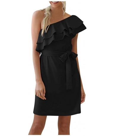 Cover-Ups Womens One Shoulder Casual Ruffle Sleeveless Solid Short Dress Summer Plain Beach Sun Dress Midi - Black - C719CGR9...