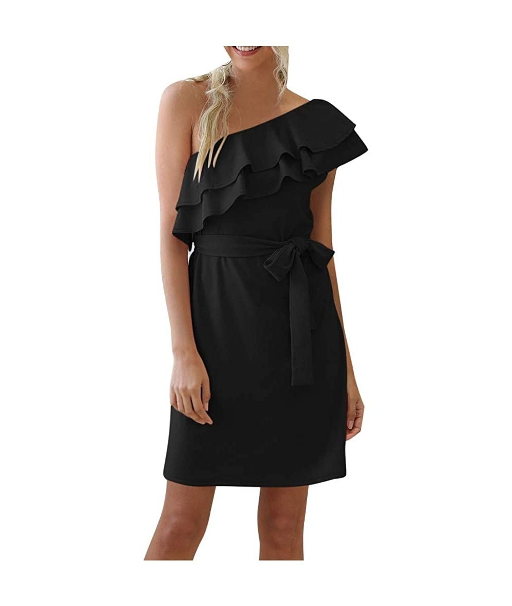 Cover-Ups Womens One Shoulder Casual Ruffle Sleeveless Solid Short Dress Summer Plain Beach Sun Dress Midi - Black - C719CGR9...