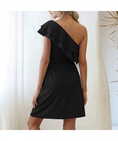 Cover-Ups Womens One Shoulder Casual Ruffle Sleeveless Solid Short Dress Summer Plain Beach Sun Dress Midi - Black - C719CGR9...