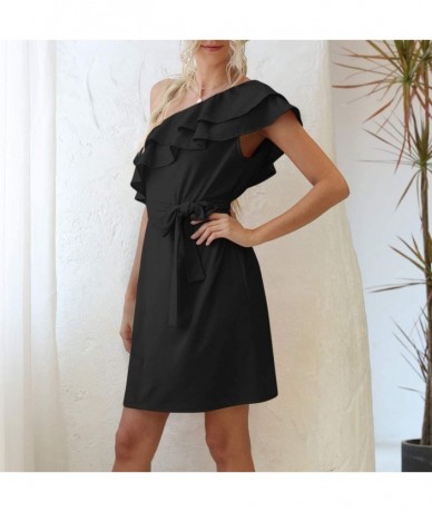 Cover-Ups Womens One Shoulder Casual Ruffle Sleeveless Solid Short Dress Summer Plain Beach Sun Dress Midi - Black - C719CGR9...