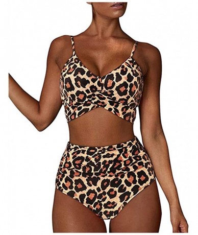 Sets Womens Bathing Suits Floral Printing Swim Bottoms Padded Halter Bandage Bikini Two Piece Swimsuits Swimwear Brown - C619...