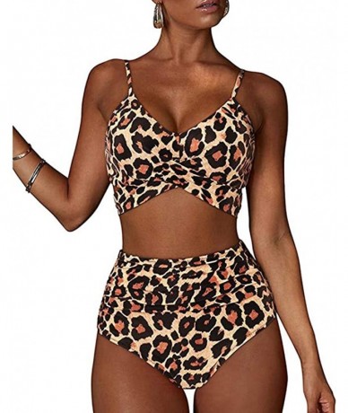 Sets Womens Bathing Suits Floral Printing Swim Bottoms Padded Halter Bandage Bikini Two Piece Swimsuits Swimwear Brown - C619...