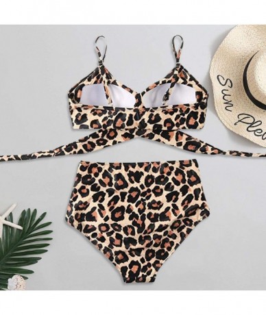 Sets Womens Bathing Suits Floral Printing Swim Bottoms Padded Halter Bandage Bikini Two Piece Swimsuits Swimwear Brown - C619...