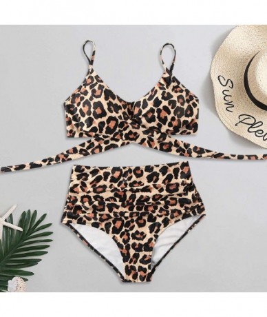 Sets Womens Bathing Suits Floral Printing Swim Bottoms Padded Halter Bandage Bikini Two Piece Swimsuits Swimwear Brown - C619...