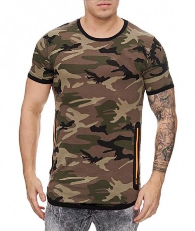 Rash Guards Men's Camouflage Pattern Print Top Casual O-neck Short Sleeve T-Shirt Fashion Slim Pullover With Zipper - Army Gr...