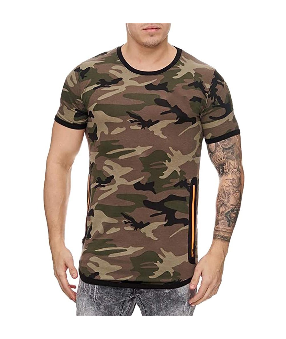 Rash Guards Men's Camouflage Pattern Print Top Casual O-neck Short Sleeve T-Shirt Fashion Slim Pullover With Zipper - Army Gr...