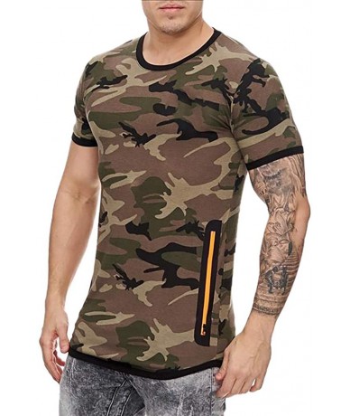 Rash Guards Men's Camouflage Pattern Print Top Casual O-neck Short Sleeve T-Shirt Fashion Slim Pullover With Zipper - Army Gr...