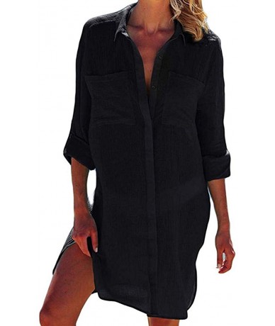 Cover-Ups Women Sexy Vogue Button Down Shirts Crinkle Chiffon Bathing Suit Cover up Beachwear - Black - CR1962XR3OR $19.76