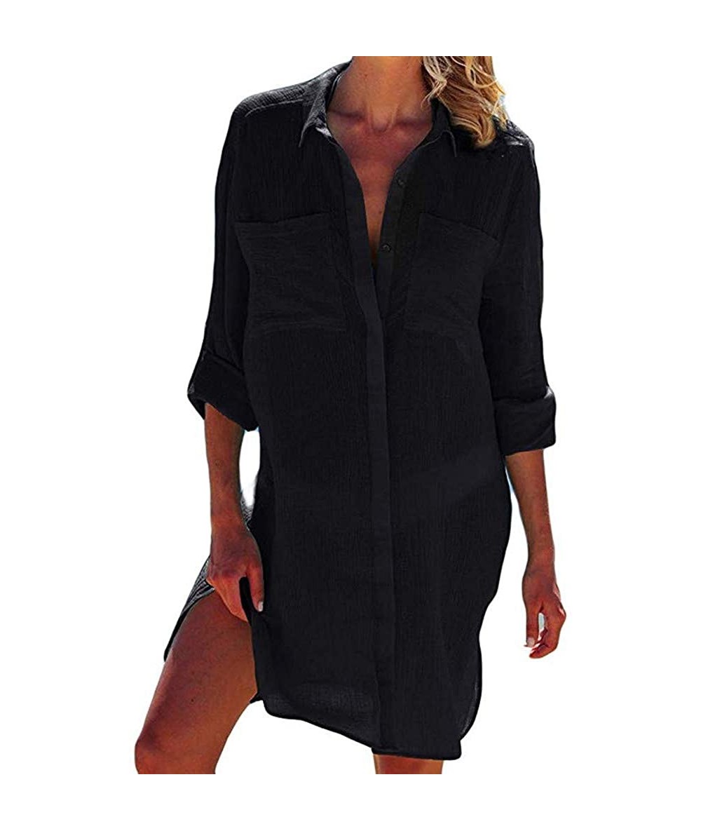 Cover-Ups Women Sexy Vogue Button Down Shirts Crinkle Chiffon Bathing Suit Cover up Beachwear - Black - CR1962XR3OR $19.76