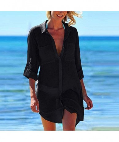 Cover-Ups Women Sexy Vogue Button Down Shirts Crinkle Chiffon Bathing Suit Cover up Beachwear - Black - CR1962XR3OR $19.76