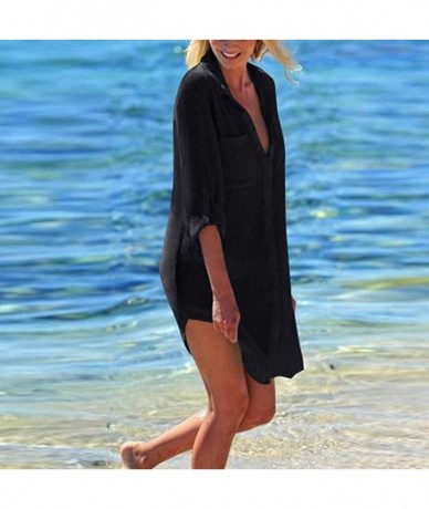 Cover-Ups Women Sexy Vogue Button Down Shirts Crinkle Chiffon Bathing Suit Cover up Beachwear - Black - CR1962XR3OR $19.76