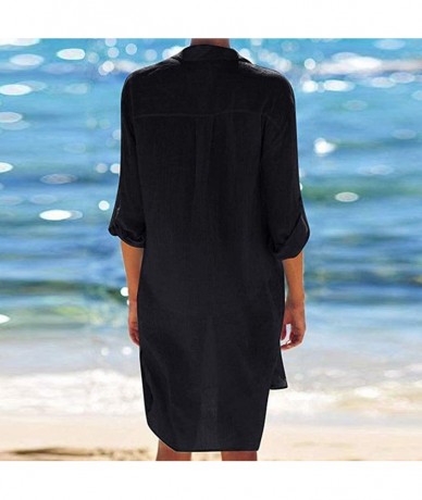 Cover-Ups Women Sexy Vogue Button Down Shirts Crinkle Chiffon Bathing Suit Cover up Beachwear - Black - CR1962XR3OR $19.76