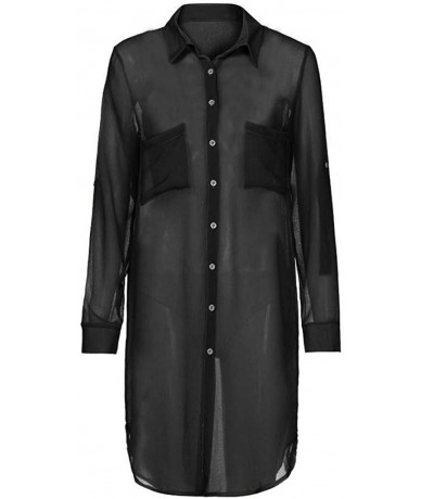 Cover-Ups Women Sexy Vogue Button Down Shirts Crinkle Chiffon Bathing Suit Cover up Beachwear - Black - CR1962XR3OR $19.76