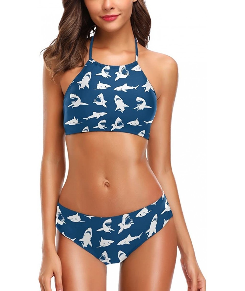 Sets Womens Chic Beach Hot Sexy 2 Piece Halter Neack High Waist Padded Swimsuits - Sharks - CA18H37IWI3 $46.97