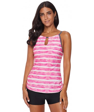 Tankinis Womens Stripe Printed Tankini Top with Boyshort Swimsuits Bathing Suits - Pink - CI18OKREYEY $47.03