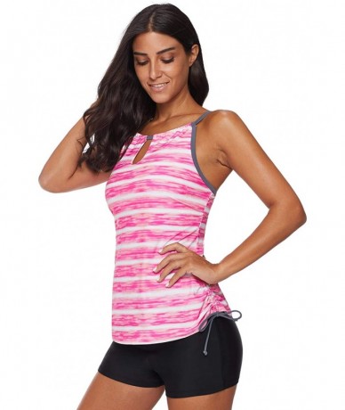 Tankinis Womens Stripe Printed Tankini Top with Boyshort Swimsuits Bathing Suits - Pink - CI18OKREYEY $47.03