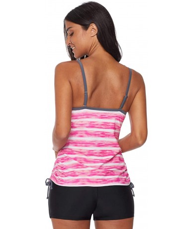 Tankinis Womens Stripe Printed Tankini Top with Boyshort Swimsuits Bathing Suits - Pink - CI18OKREYEY $47.03