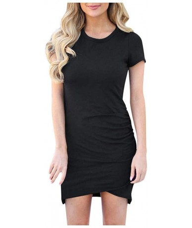 Sets Women Summer Casual Round Neck Pleated Stretch Skinny Short Mini Dress - Navy - CQ199AS4QNS $43.40