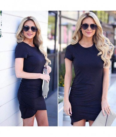 Sets Women Summer Casual Round Neck Pleated Stretch Skinny Short Mini Dress - Navy - CQ199AS4QNS $43.40