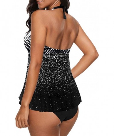 Sets Womens Sexy Halter Patchwork Printed Open Back Tankini Top Set Two Piece Swimsuits - Z-black - CG1993IZ70C $49.87