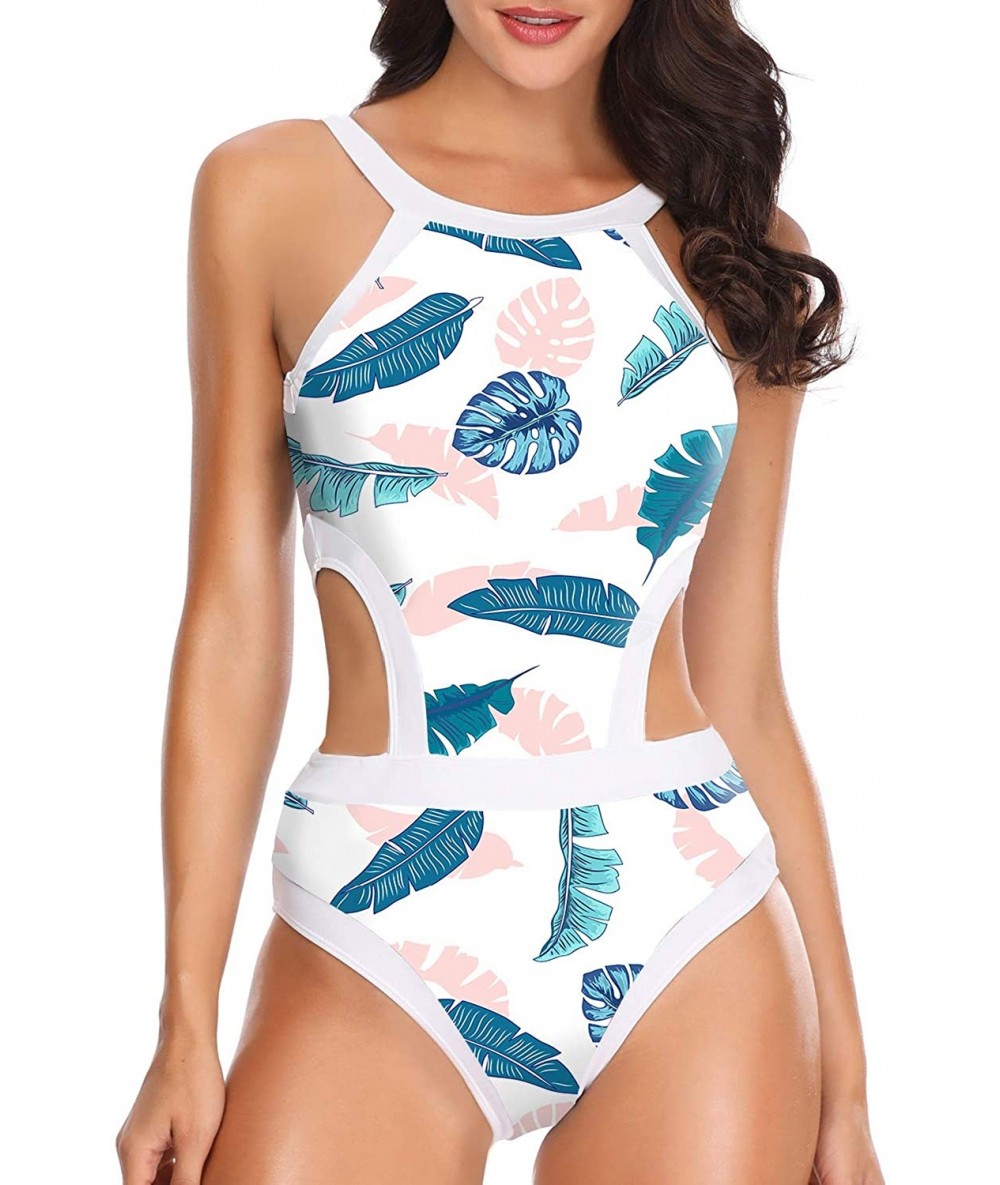 One-Pieces Women One Piece Swimsuit Cutout High Neck Bathing Suit Floral Printed Bathing Suits - White Blue Leaf - CK18YOTS6O...