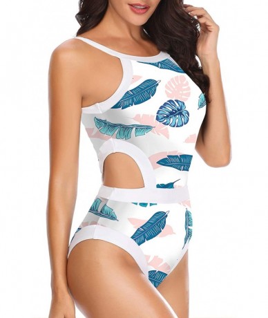 One-Pieces Women One Piece Swimsuit Cutout High Neck Bathing Suit Floral Printed Bathing Suits - White Blue Leaf - CK18YOTS6O...