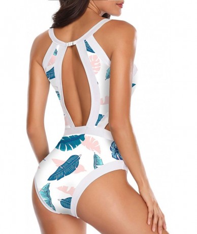 One-Pieces Women One Piece Swimsuit Cutout High Neck Bathing Suit Floral Printed Bathing Suits - White Blue Leaf - CK18YOTS6O...