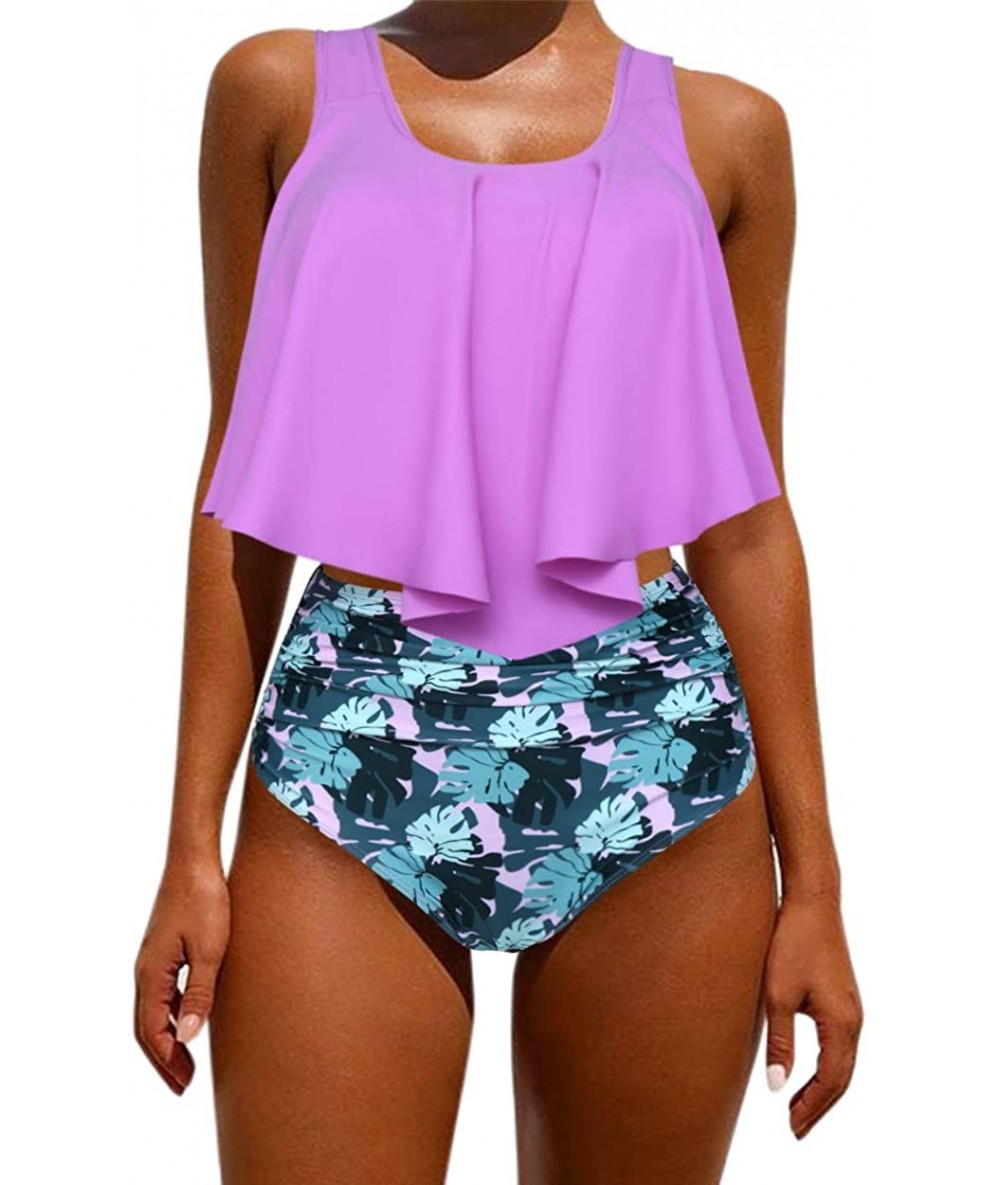 Sets Women's Ruffle Bikini Swimsuit High Waisted Bottom Plus Size Swimwear Tankini - Purple - CY18Q8XQKUQ $51.10