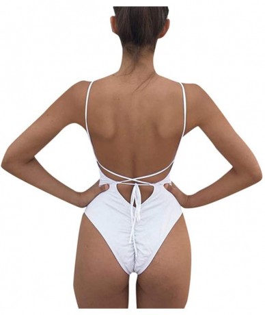 Sets 2020 Floral Triangular Geometry V Neck One-Piece Backless Swimwear - 8 White - CR18UAH63CU $24.40