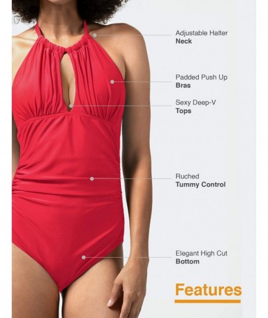 One-Pieces Women One Piece High Neck Swimsuits Mesh Ruched Monokini Swimwear Halter Tummy Control Bathing Suits Retro Espanol...