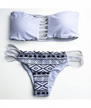 Sets Womens Reversible Printed Bikini Two Pieces Swimwear - White Geometric - C3183936H7T $37.44