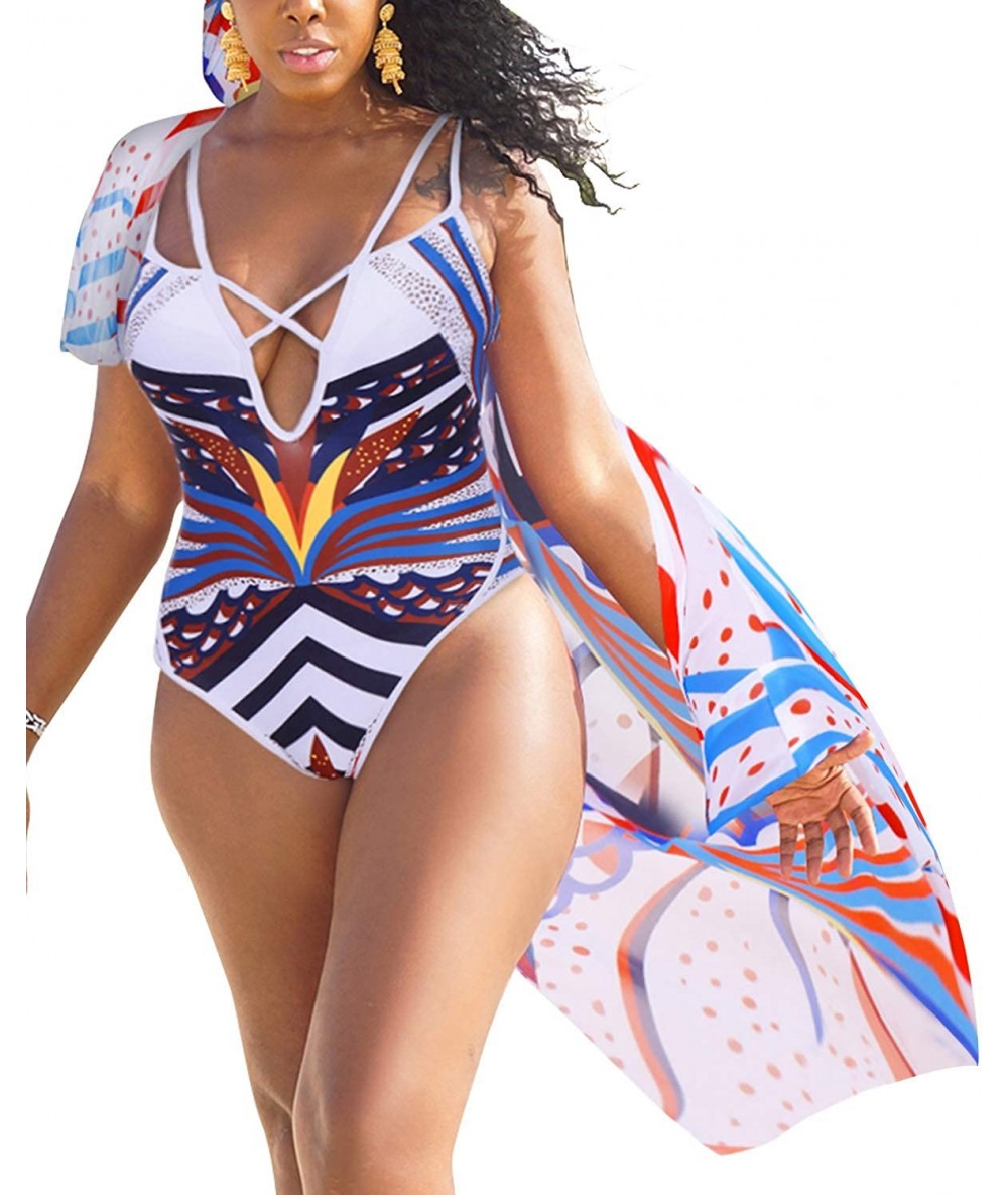 One-Pieces Women Summer Sexy V Neck One Piece Monokini Swimsuit + Chiffon Cover Up Swimwear Set - White - CR18QGHHK4D $44.82