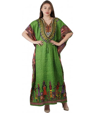 Cover-Ups Women Long Maxi Cover Up Free Size Long Floral Printed Beach Wear Kaftan - Green - C8194XLQRYA $28.04