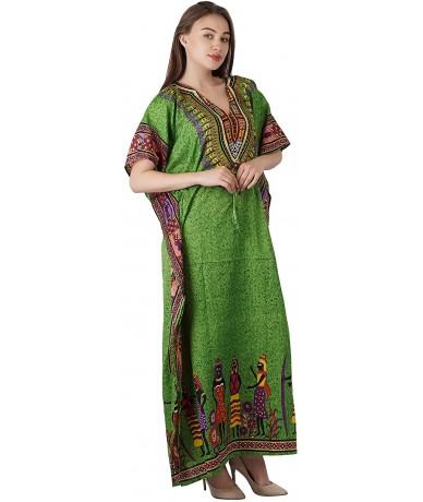 Cover-Ups Women Long Maxi Cover Up Free Size Long Floral Printed Beach Wear Kaftan - Green - C8194XLQRYA $28.04