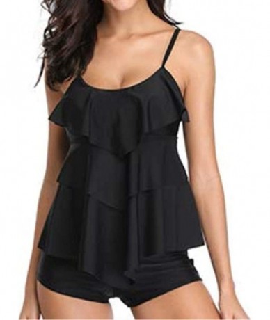 Tankinis Women 2 Piece Polka Dot Printed Flounce Tank Top with Boyshorts Bottoms Tankini Set - Black - C618MHAOLOZ $29.13