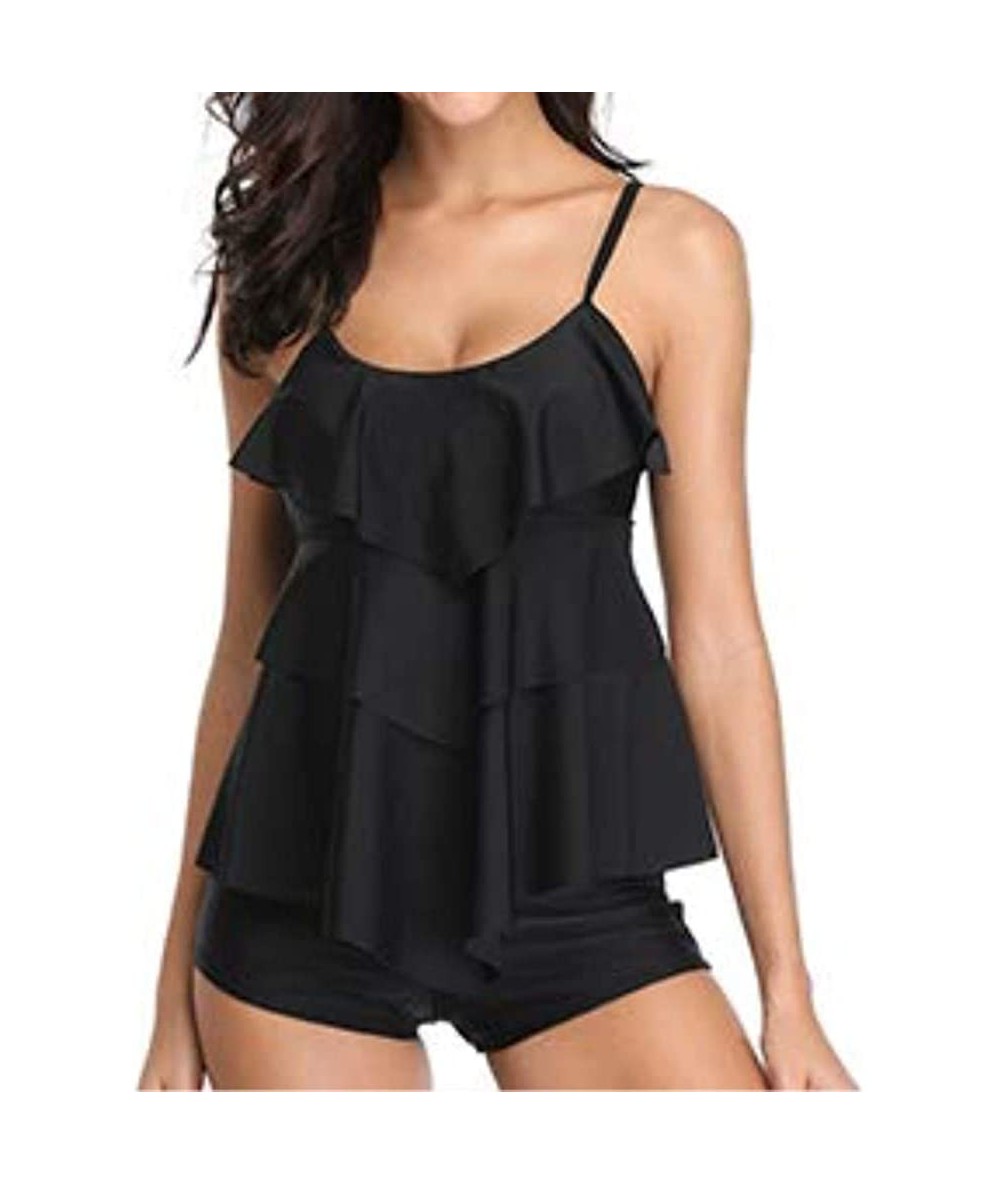 Tankinis Women 2 Piece Polka Dot Printed Flounce Tank Top with Boyshorts Bottoms Tankini Set - Black - C618MHAOLOZ $29.13