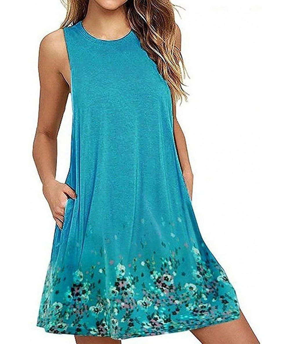 Cover-Ups Sleeveless A line Dress Floral Beach Dress Lounge Tank Dress Tunic Style with Two Pockets Aqua - CM19CM5Q2OD $42.60