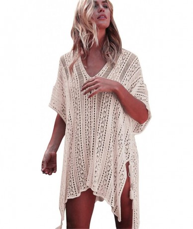 Cover-Ups Beach Dresses Women Summer Sexy Long Sleeve V Neck Boho Floral Lace Cover Up Loose See Through Mini Sundress E Beig...