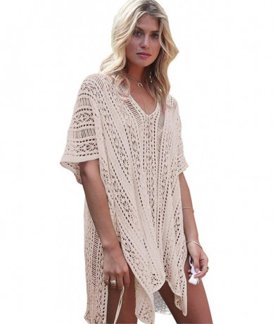 Cover-Ups Beach Dresses Women Summer Sexy Long Sleeve V Neck Boho Floral Lace Cover Up Loose See Through Mini Sundress E Beig...