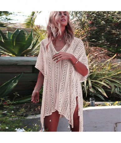 Cover-Ups Beach Dresses Women Summer Sexy Long Sleeve V Neck Boho Floral Lace Cover Up Loose See Through Mini Sundress E Beig...