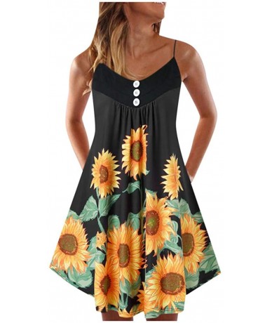 Cover-Ups Womens Summer Dress Casual Sleeveless Mini Floral Printed Plain Pleated Tank Vest Dresses for Women - Z91-black - C...