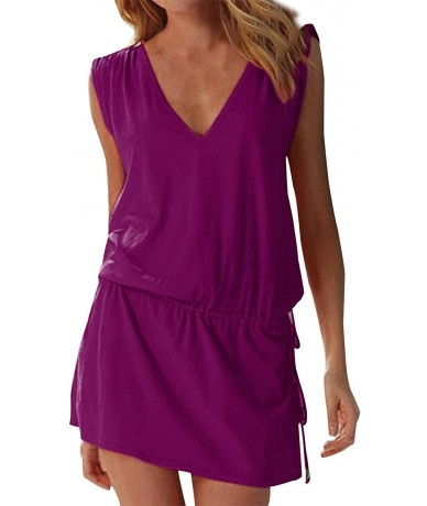 Cover-Ups Women's Swim Beach Dress Deep V Neck Open-Back Beach Cover Up Beach Skirt - Purple - CM121T8ZZ3P $32.73