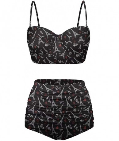 Bottoms Women's Retro Summer Floral Print Funny Swimsuits High Waisted Bikini Set - Black-2 - CJ196SK7630 $67.91