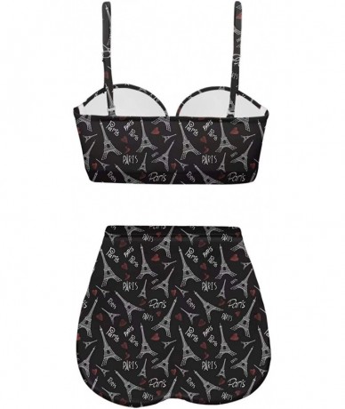 Bottoms Women's Retro Summer Floral Print Funny Swimsuits High Waisted Bikini Set - Black-2 - CJ196SK7630 $67.91