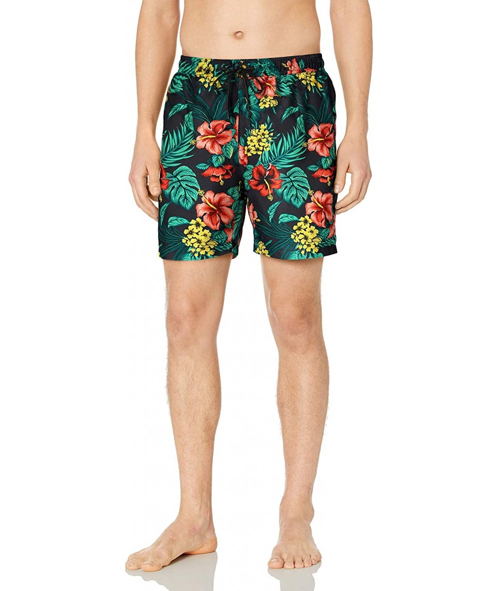 Trunks Men's 6" Inseam Tropical Hawaiian Print Swim Trunk - Charcoal/Red Hibiscus Floral - CN18INLYYNG $43.84