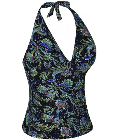 Tankinis Women's Halter Swim Top V Neck Swimwear Front Shirred Tankini Top - Green Leaves - CX18EQHI635 $42.03